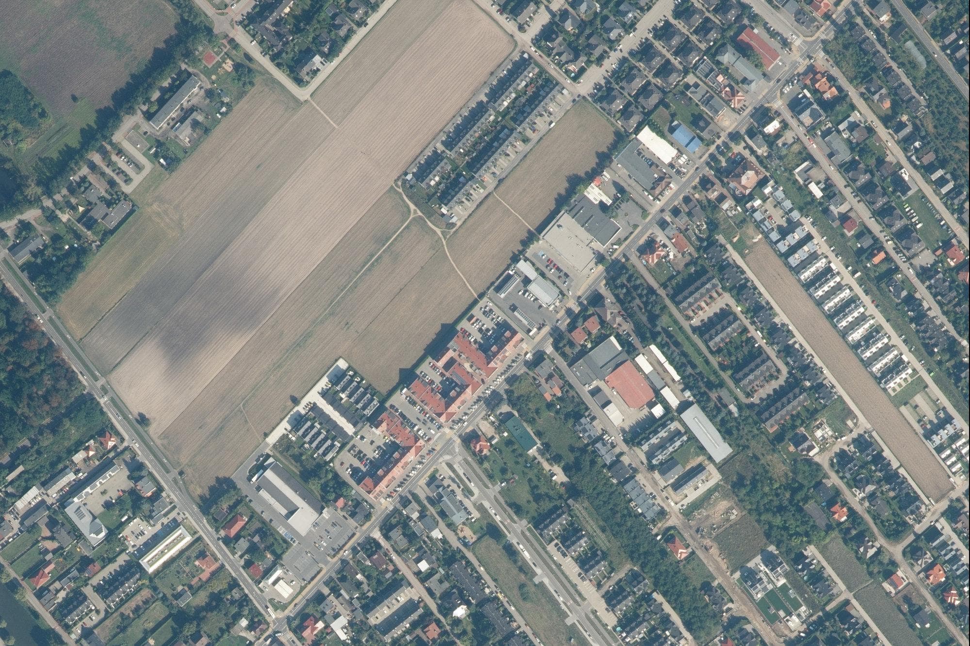 Ortofotomapa: pole uprawne na styku z nowym osiedlem domów i szeregowców w Plewiskach pod Poznaniem